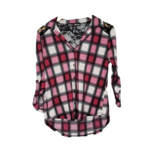 Polly & Esther Plaid Button Up Lace back detail Collared